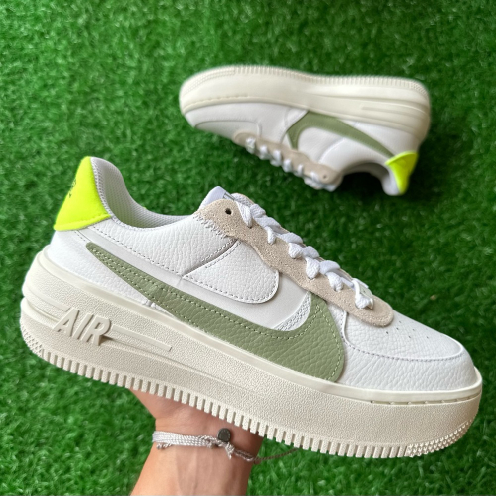 Nike Women's White Leather Sneakers with Olive Swoosh and Neon Yellow Heel